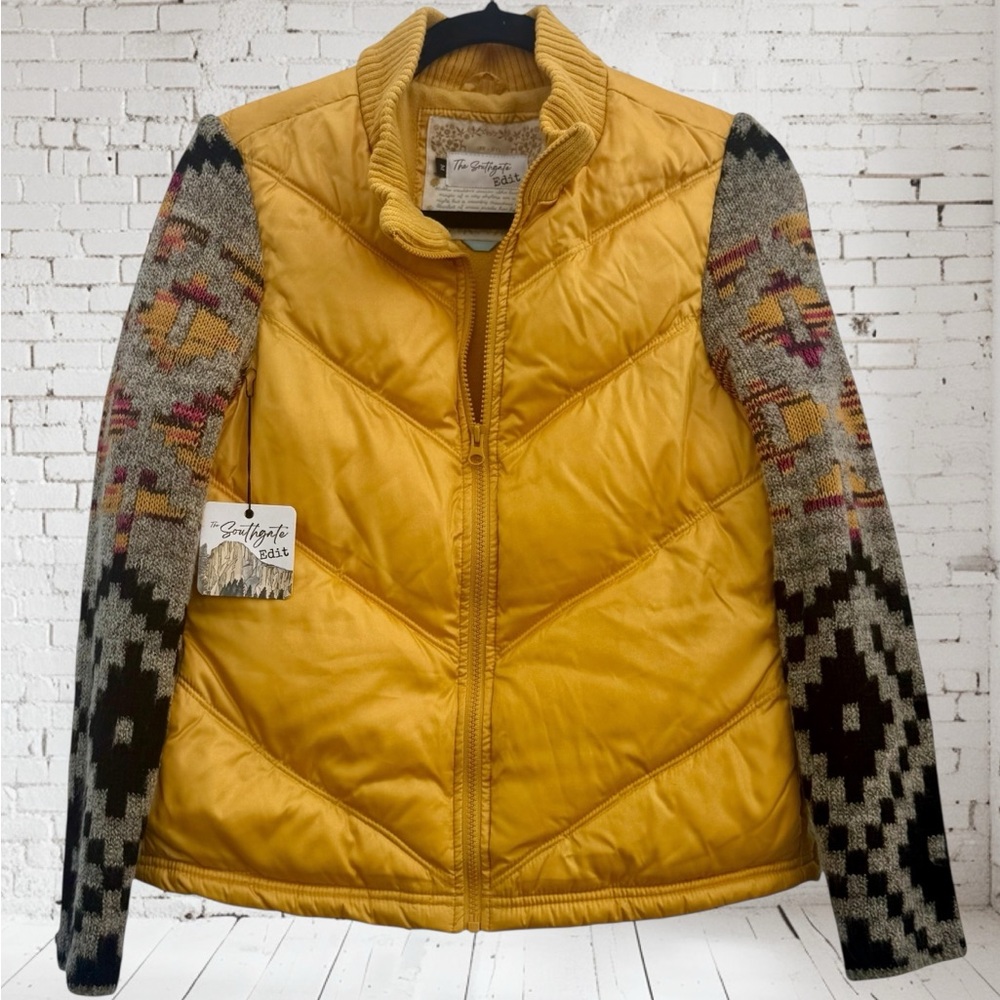 UPCYCLED one of a Yellow Puffer Jacket w/ Aztec sleeves |Size Womens Medium